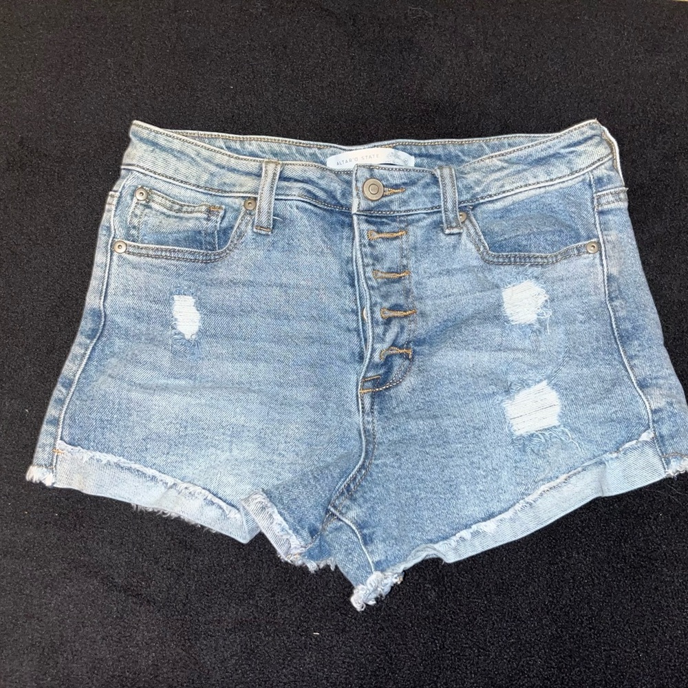 High-Rise Distressed Denim Shorts - Light Blue